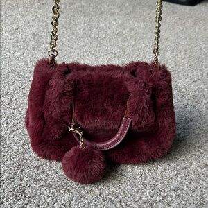 Isaac Mizrahi Burgundy Faux Fur Shoulder Bag with Gold Chain
